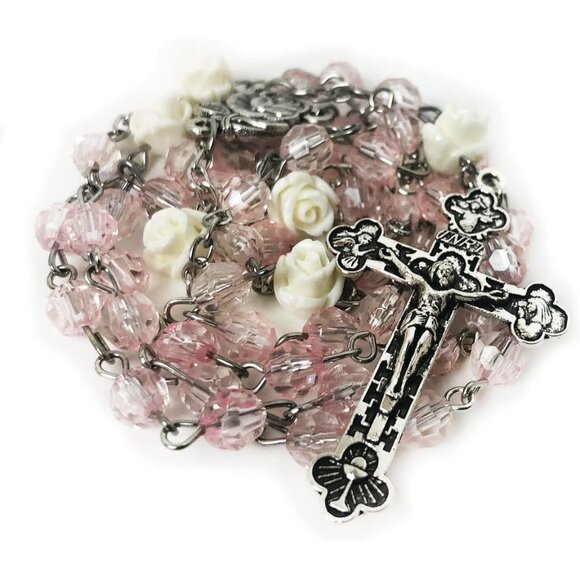 Lourdes Blush Pink Crystal Bead Rosary Necklace for Women with Virgin Mary Cente - Picture 3 of 6